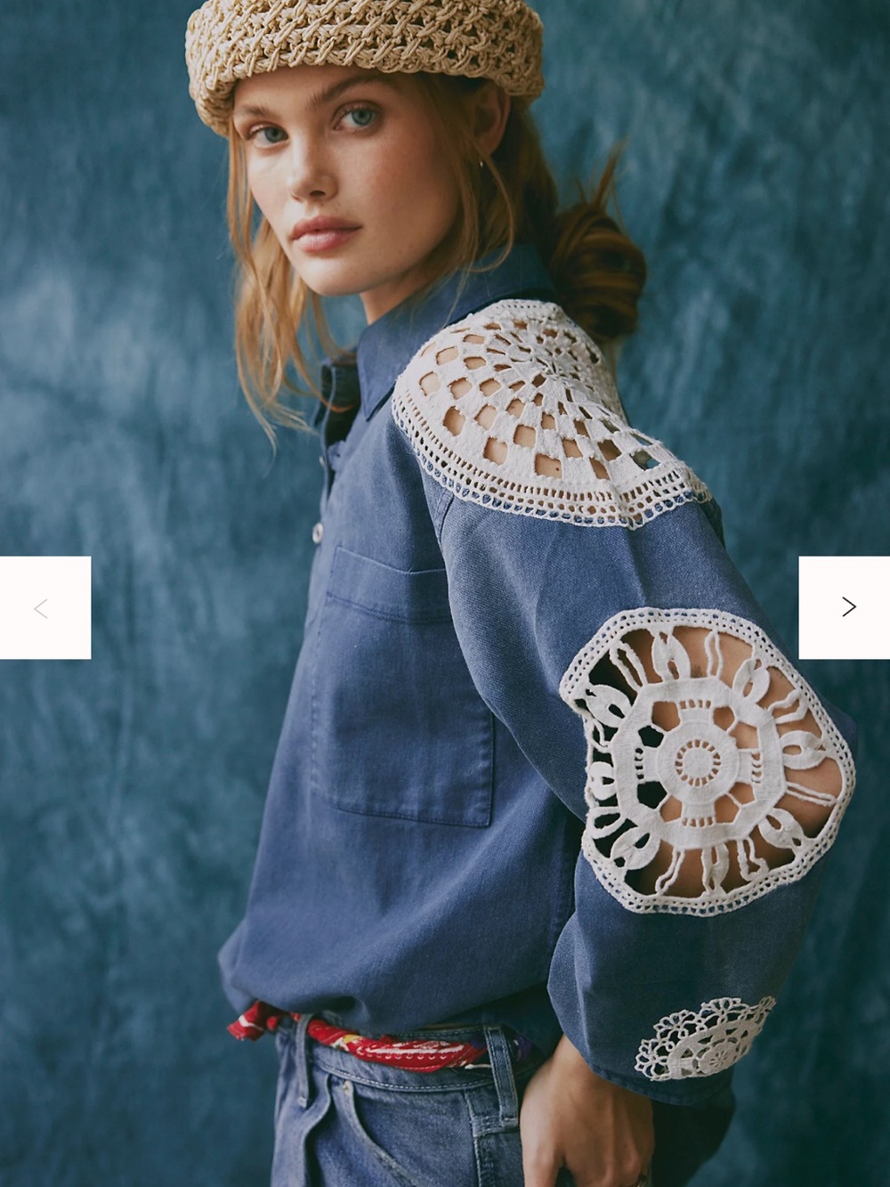 Free People Indigo Blue Crochet Applique Pullover